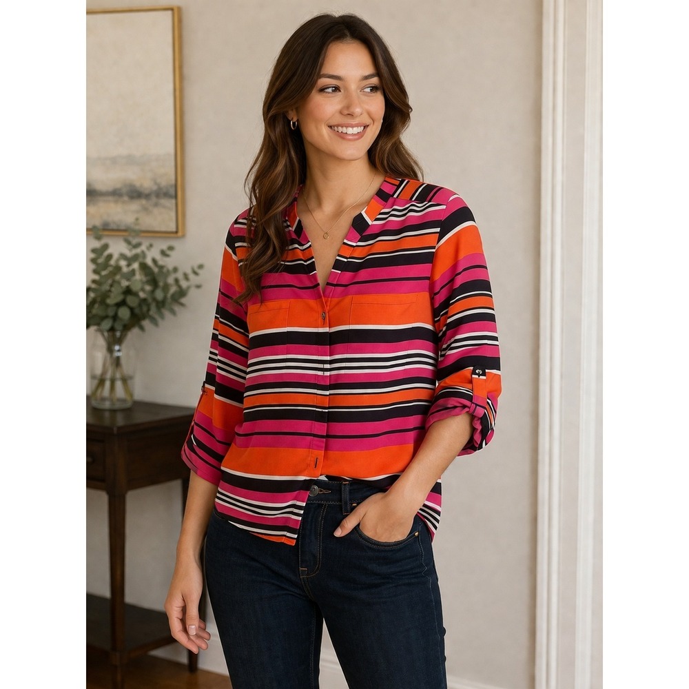 Kim Rogers Petite XL Orange Pink Striped Roll Tab Sleeve Button Front Blouse